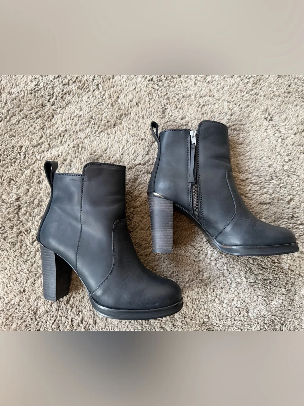 French Brand Loft Black Leather Ankle Boots Block Heel Side Zip Women US 8